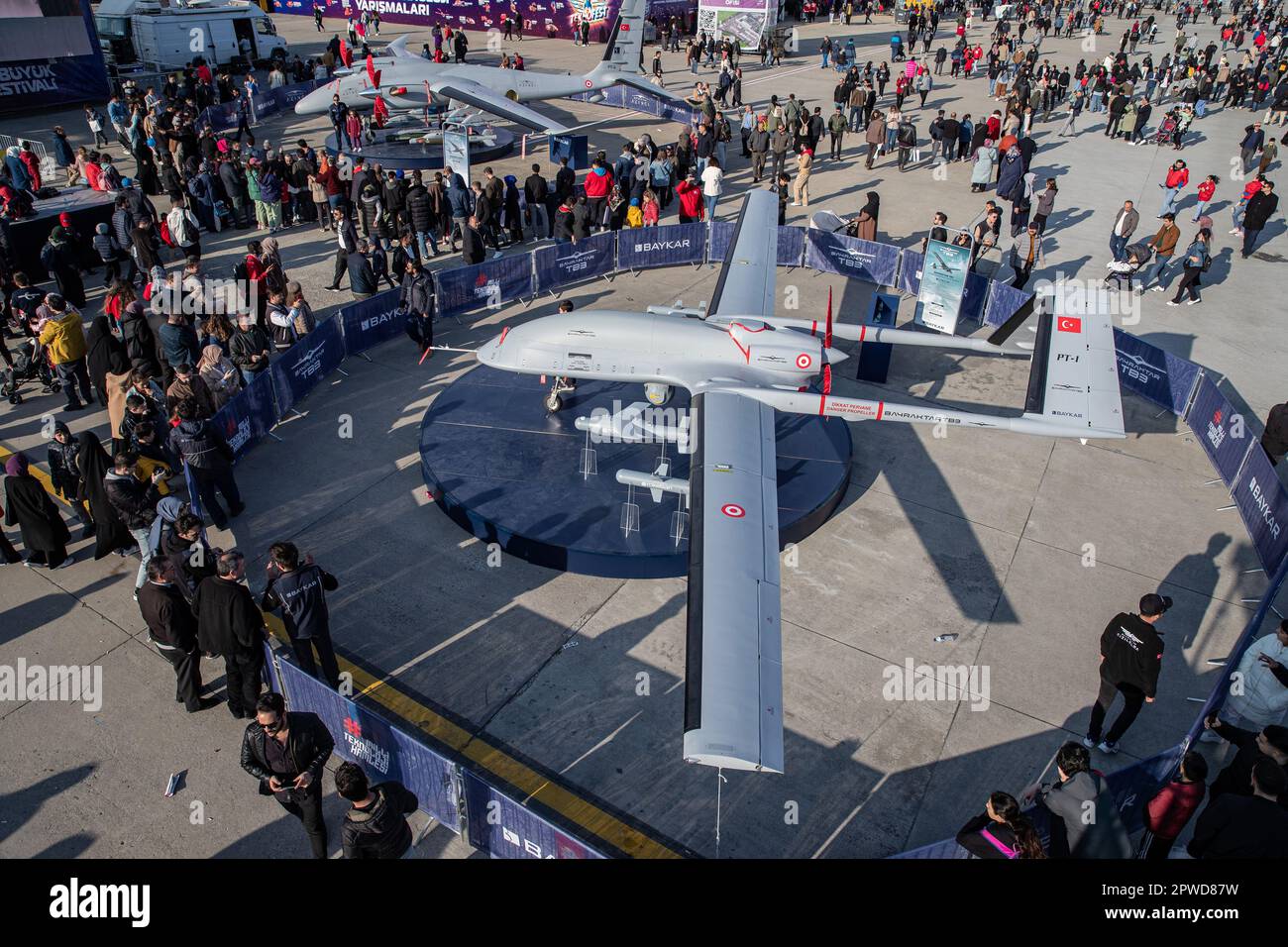 Istanbul, Turkey. 28th Apr, 2023. The world's largest aviation, space and technology Bayraktar TB3 (SIHA), attracted great attention of the citizens during the festival. The world's largest aviation, space and technology festival in TEKNOFEST will be open to visitors between April 27 and May 1 at Ataturk Airport. Various activities, competitions and air shows are of great interest. Credit: SOPA Images Limited/Alamy Live News Stock Photo