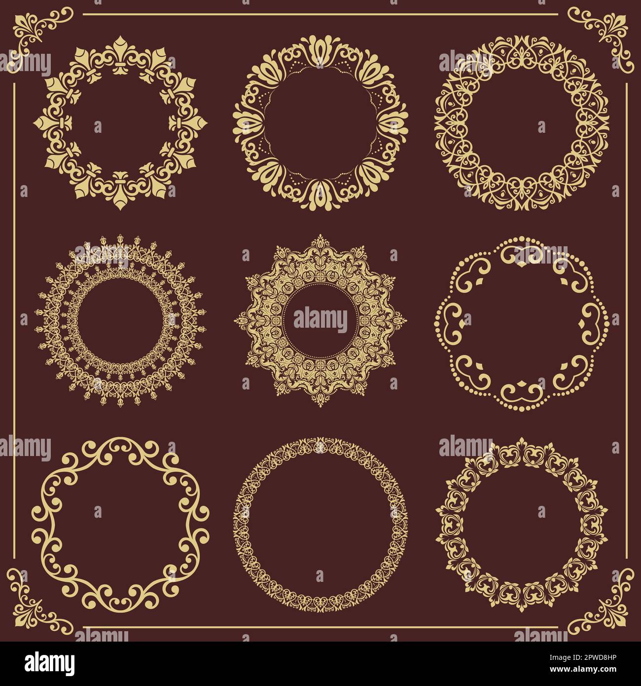 Vintage set of vector round elements. Brown and golden elements for ...