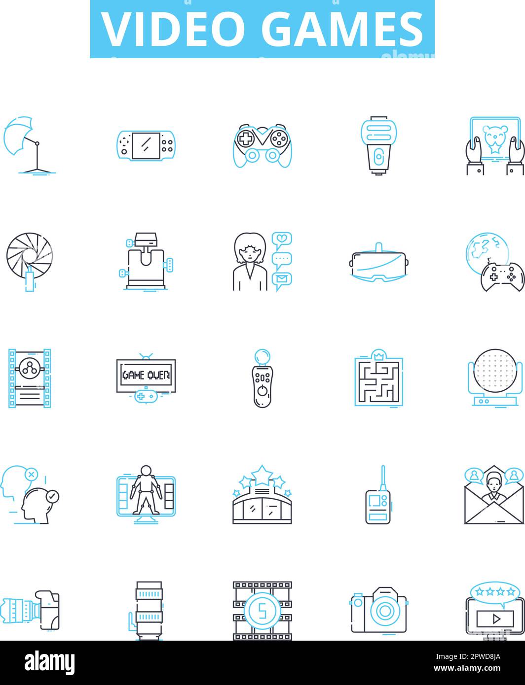 Video games vector line icons set. Gaming, consoles, Xbox, PlayStation, Nintendo, Action, RPG illustration outline concept symbols and signs Stock Vector