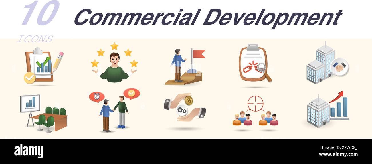 Commercial development set. Creative icons: performance evaluations, professionalism, career path, weakness analysis, partnership cooperation Stock Vector