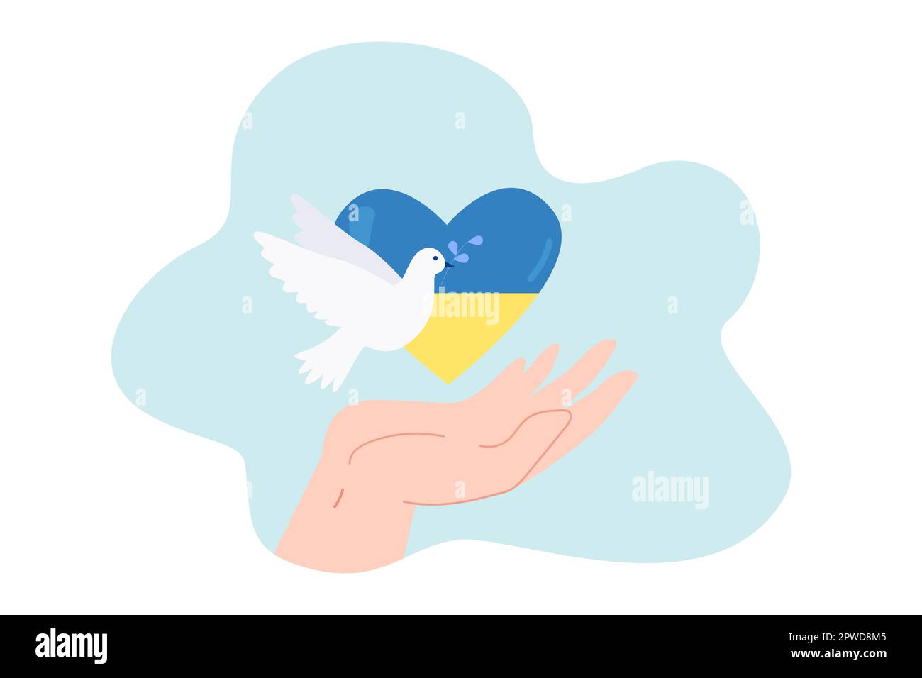 Hand holding flag of Ukraine inside heart and dove Stock Vector