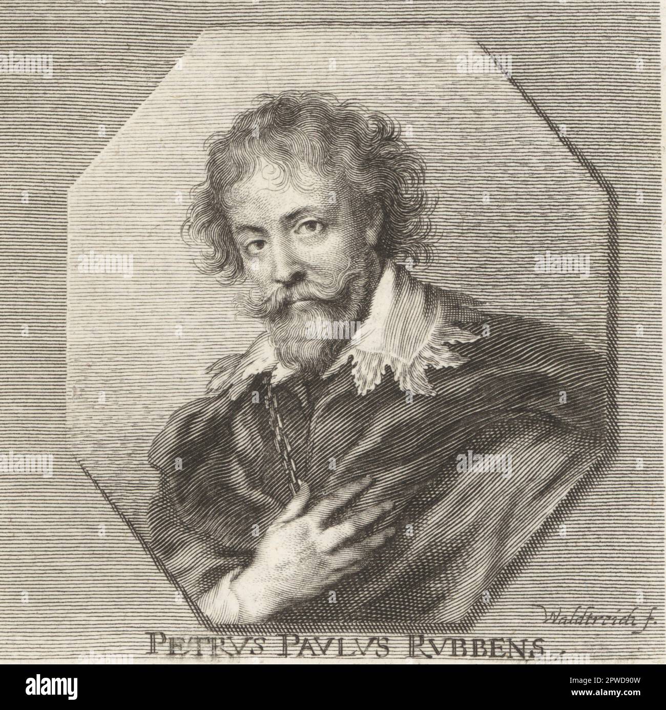 Sir Peter Paul Rubens, Flemish artist and diplomat from the Duchy of Brabant, 1577-1640. The most influential artist of the Flemish Baroque tradition. Petrus Paulus Rubbens. Copperplate engraving by Johann Georg Waldreich after an illustration by Joachim von Sandrart from his L’Academia Todesca, della Architectura, Scultura & Pittura, oder Teutsche Academie, der Edlen Bau- Bild- und Mahlerey-Kunste, German Academy of Architecture, Sculpture and Painting, Jacob von Sandrart, Nuremberg, 1675. Stock Photo