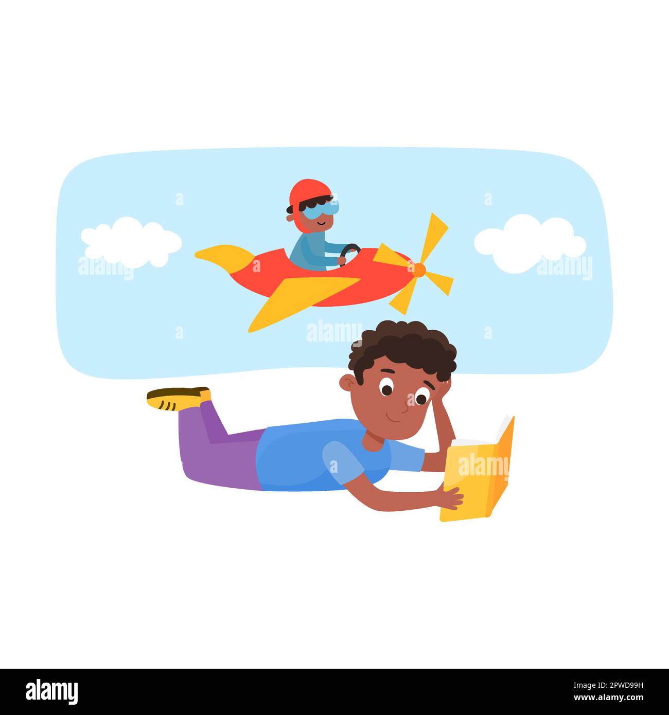 boy reading a book about adventure and travel. Vector illustration of cute girl and boy with magic dreams. Cartoon amazed children isolated on white Stock Vector