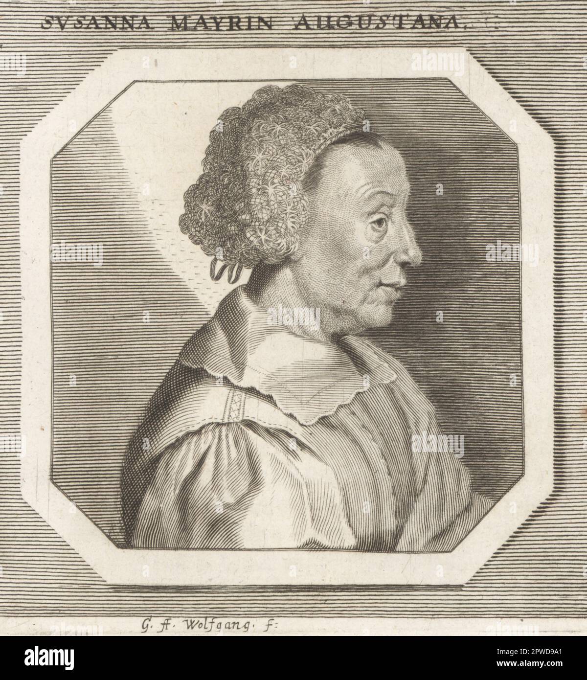 Susanna Mayr, German Baroque painter, draughtswoman and silhouette cut-out artist from Augsburg, 1600-1674. Susanna Mayrin Augustana. Copperplate engraving by Georg Andreas Wolfgang after an illustration by Joachim von Sandrart from his L’Academia Todesca, della Architectura, Scultura & Pittura, oder Teutsche Academie, der Edlen Bau- Bild- und Mahlerey-Kunste, German Academy of Architecture, Sculpture and Painting, Jacob von Sandrart, Nuremberg, 1675. Stock Photo