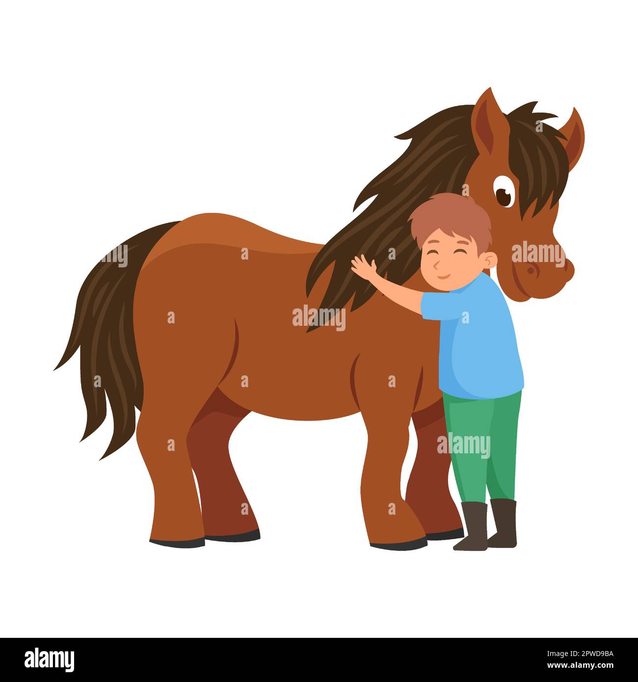 boy hugs the neck of his beloved pony. Kid riding horse. Vector