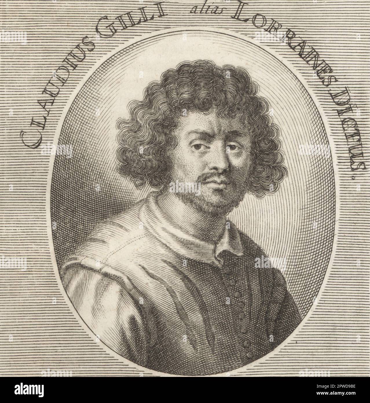 Claude Lorrain, French painter, draughtsman and etcher of the Baroque era, c.1600-1682. Born Claude Gellee, known as le Lorrain from his birthplace. Claudius Gilli alias Lorraines Dictus. Copperplate engraving by Richard Collin after an illustration by Joachim von Sandrart from his L’Academia Todesca, della Architectura, Scultura & Pittura, oder Teutsche Academie, der Edlen Bau- Bild- und Mahlerey-Kunste, German Academy of Architecture, Sculpture and Painting, Jacob von Sandrart, Nuremberg, 1675. Stock Photo