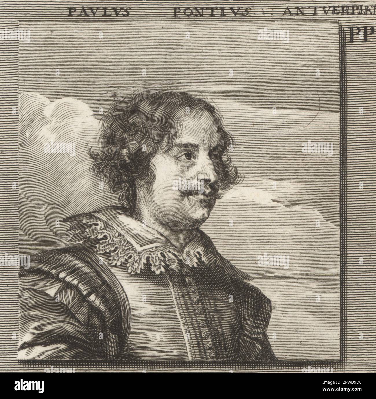 Paulus Pontius, Flemish engraver and painter from Antwerp, 1603-1658. A leading engraver connected with Peter Paul Rubens, Anthony van Dyck and Jacob Jordaens. Paulus Pontius Antverpien. Copperplate engraving after an illustration by Joachim von Sandrart from his L’Academia Todesca, della Architectura, Scultura & Pittura, oder Teutsche Academie, der Edlen Bau- Bild- und Mahlerey-Kunste, German Academy of Architecture, Sculpture and Painting, Jacob von Sandrart, Nuremberg, 1675. Stock Photo