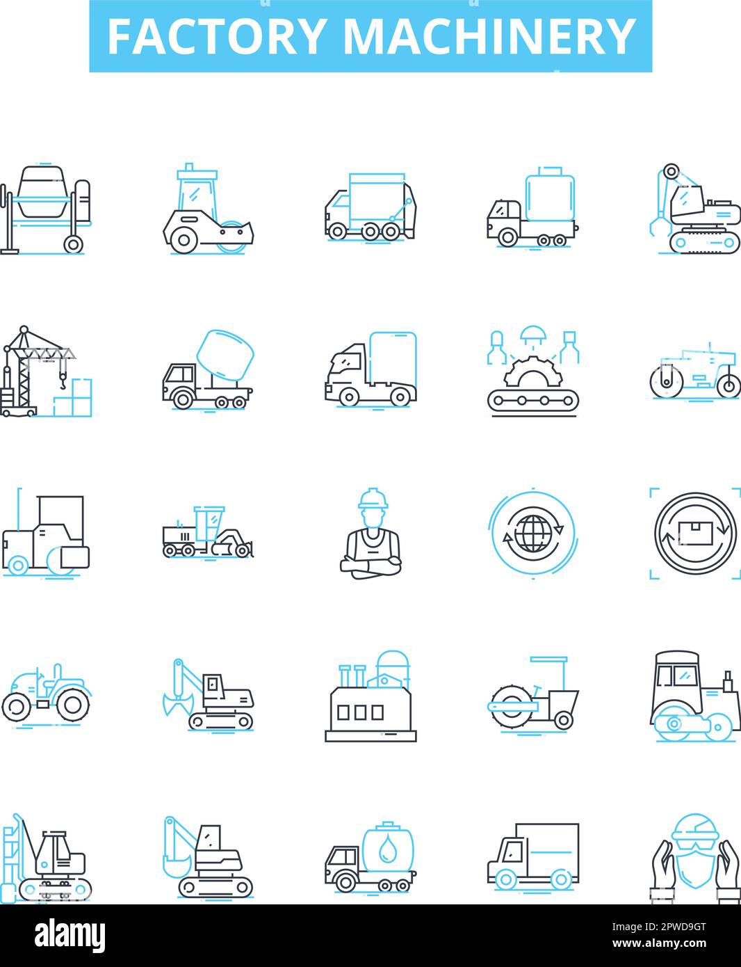 Factory machinery vector line icons set. Machinery, Factory, Equipment, Automation, Process, CNC, Install illustration outline concept symbols and Stock Vector