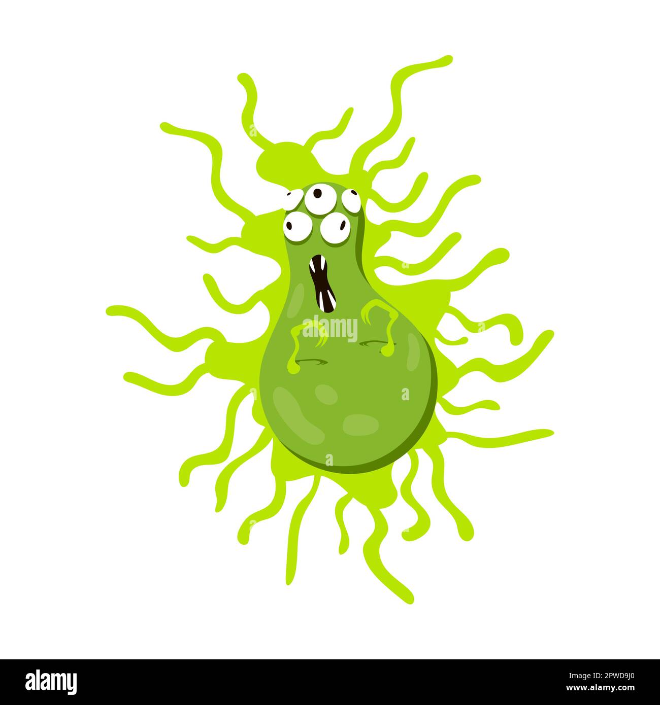 Funny bacteria with long tentacles and germ character. Vector illustration of ugly micro creature with scary face, eyes and teeth Stock Vector