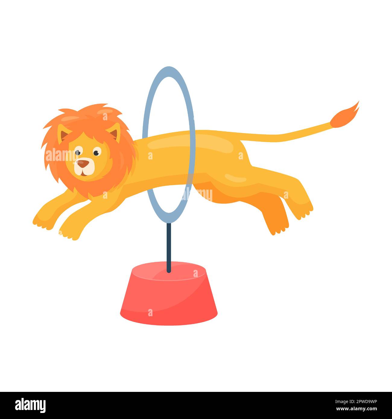 Funny trained lion on circus show. Vector illustration of carnival