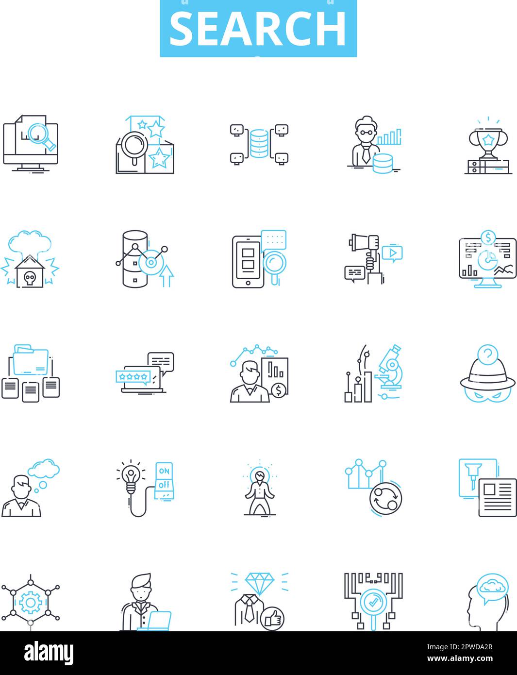 Search vector line icons set. Search, Find, Seek, Retrieve, Explore, Locate, Inquire illustration outline concept symbols and signs Stock Vector