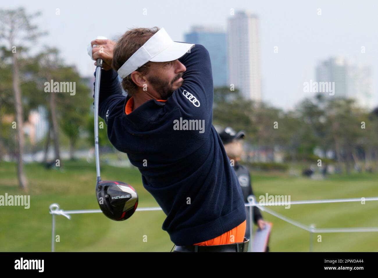 Joost Luiten of the Netherlands tees off on the second hole during the  final round of the Korea Championship presented by Genesis at the Jack  Nicklaus Golf Club Korea, in Incheon, South