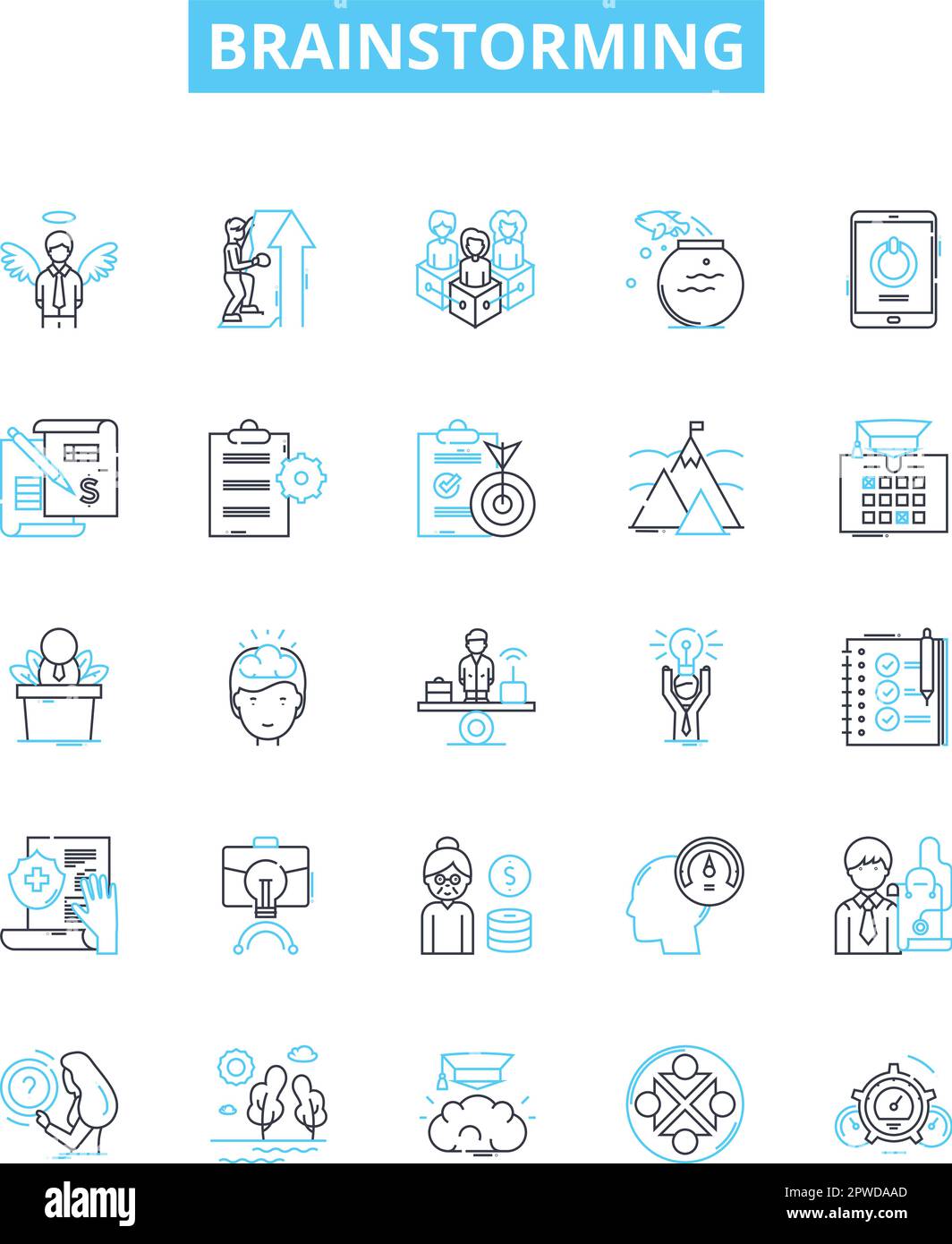 Brainstorming vector line icons set. Ideating, Brainstorming, Contemplating, Thinking, Ponder, Planning, Analyzing illustration outline concept Stock Vector