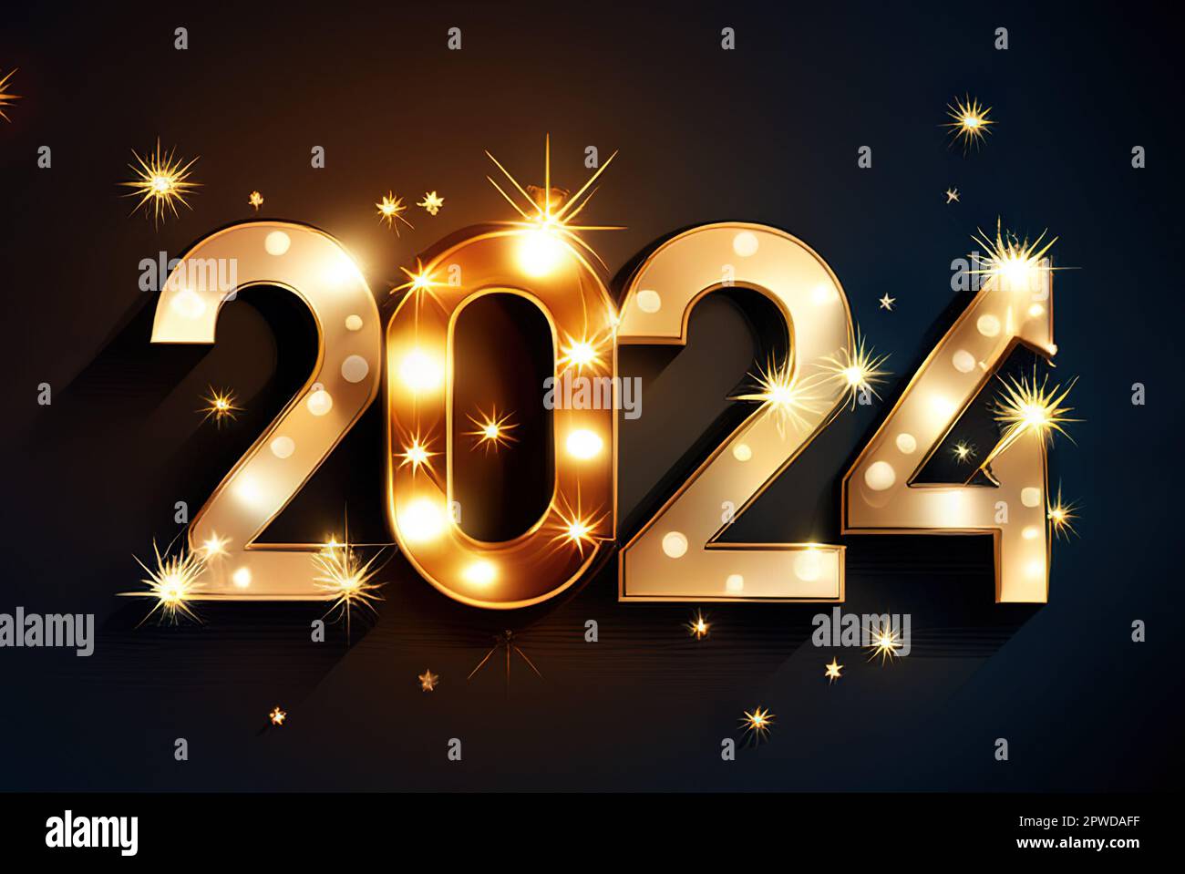 Happy New Year 2024. Golden numbers on a colorful background with ...