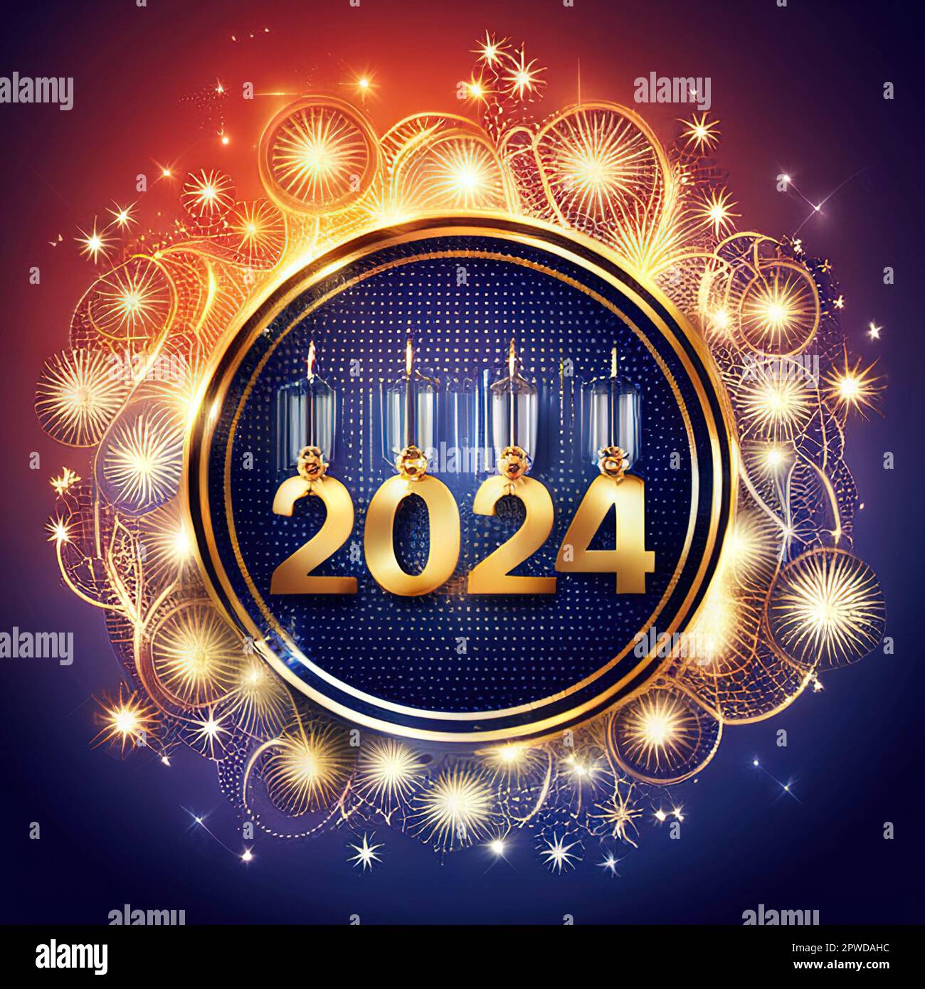 Happy New Year 2024. Golden numbers on a colorful background with