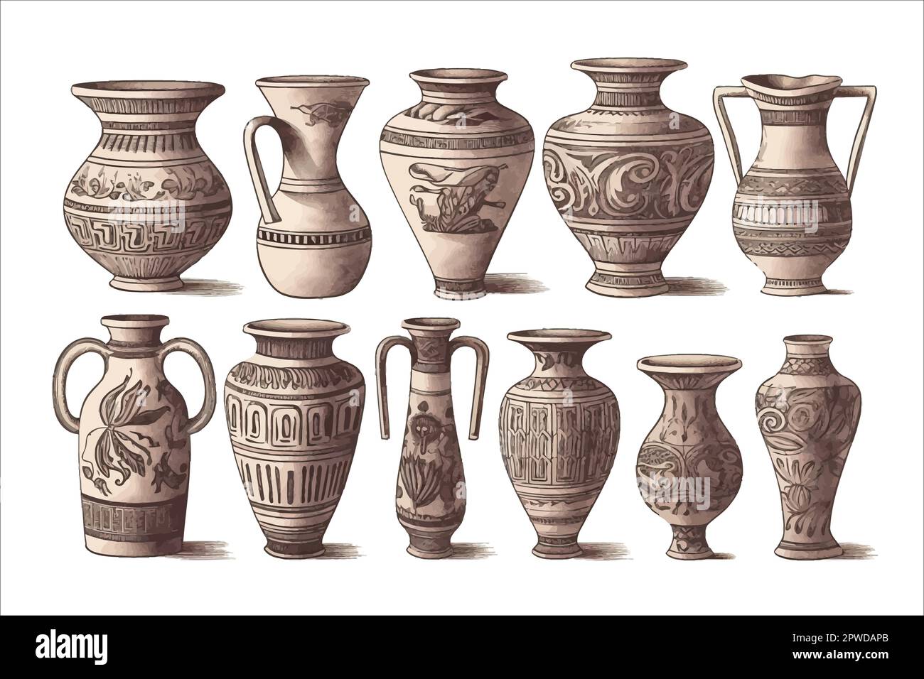 Rustic clay pottery set and brown pot or jug with pattern decorations.  Collection of old handmade utensils and ceramic Greek objects. Jug shape  and vintage earthenware icons vector illustration 11762119 Vector Art