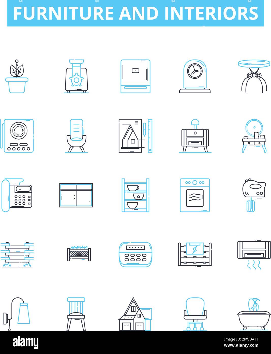 Furniture and interiors vector line icons set. Furniture, Interiors, Sofas, Chairs, Tables, Desks, Beds illustration outline concept symbols and signs Stock Vector