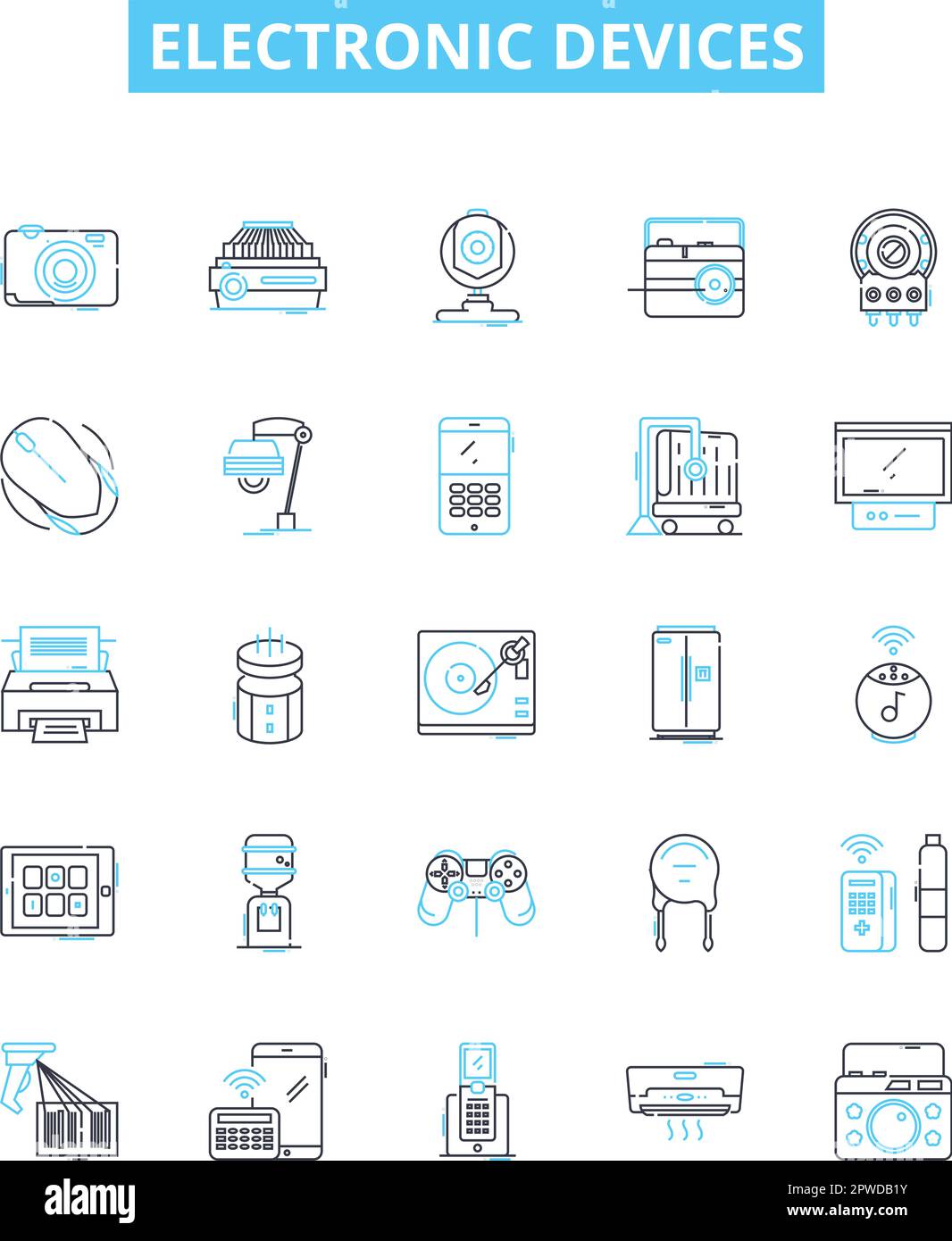 Electronic devices vector line icons set. Electronics, Devices, Digital, Components, Computers, Tablets, Phones illustration outline concept symbols Stock Vector