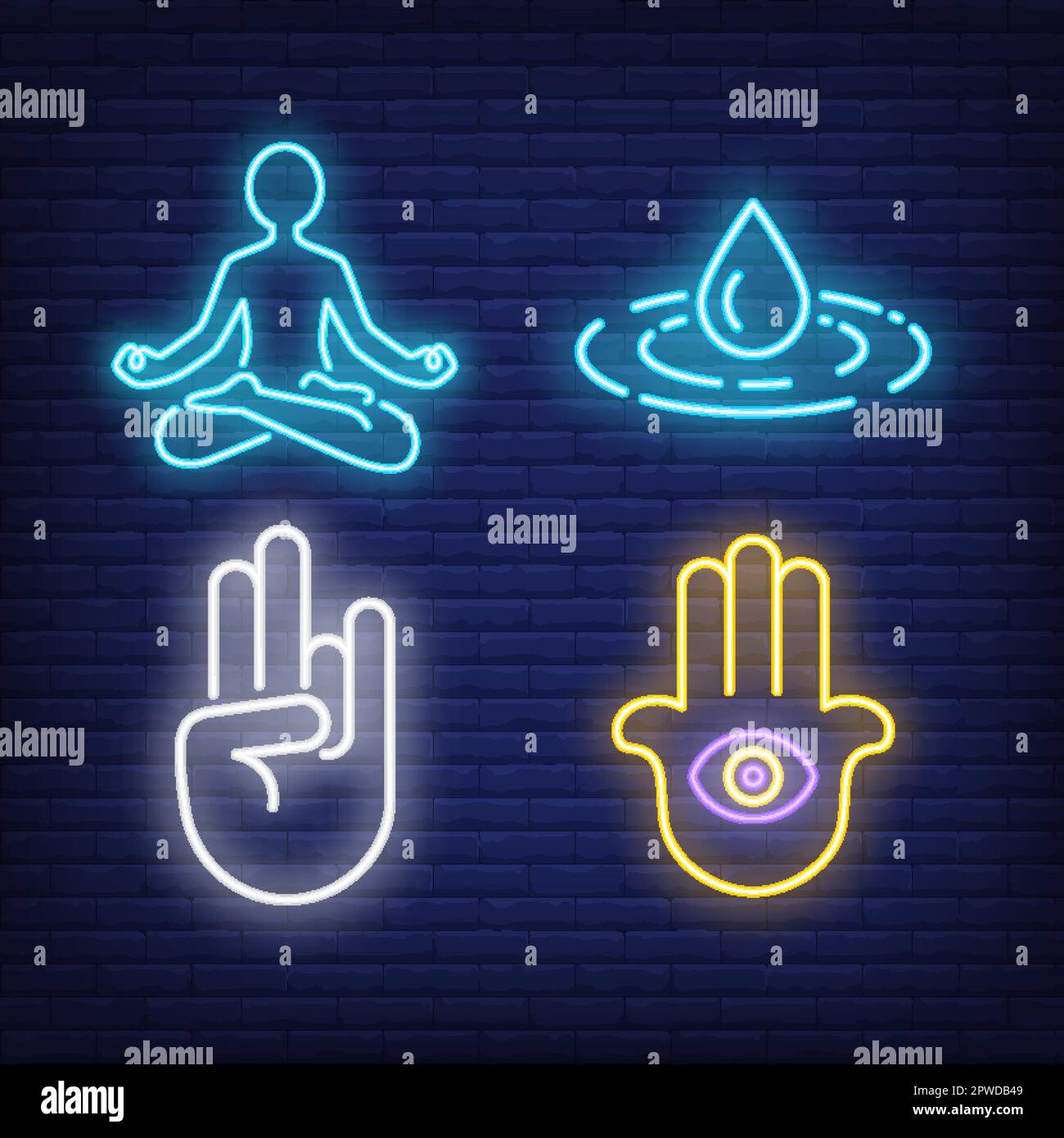 Person meditating, mudra gesture and water drop neon signs set Stock
