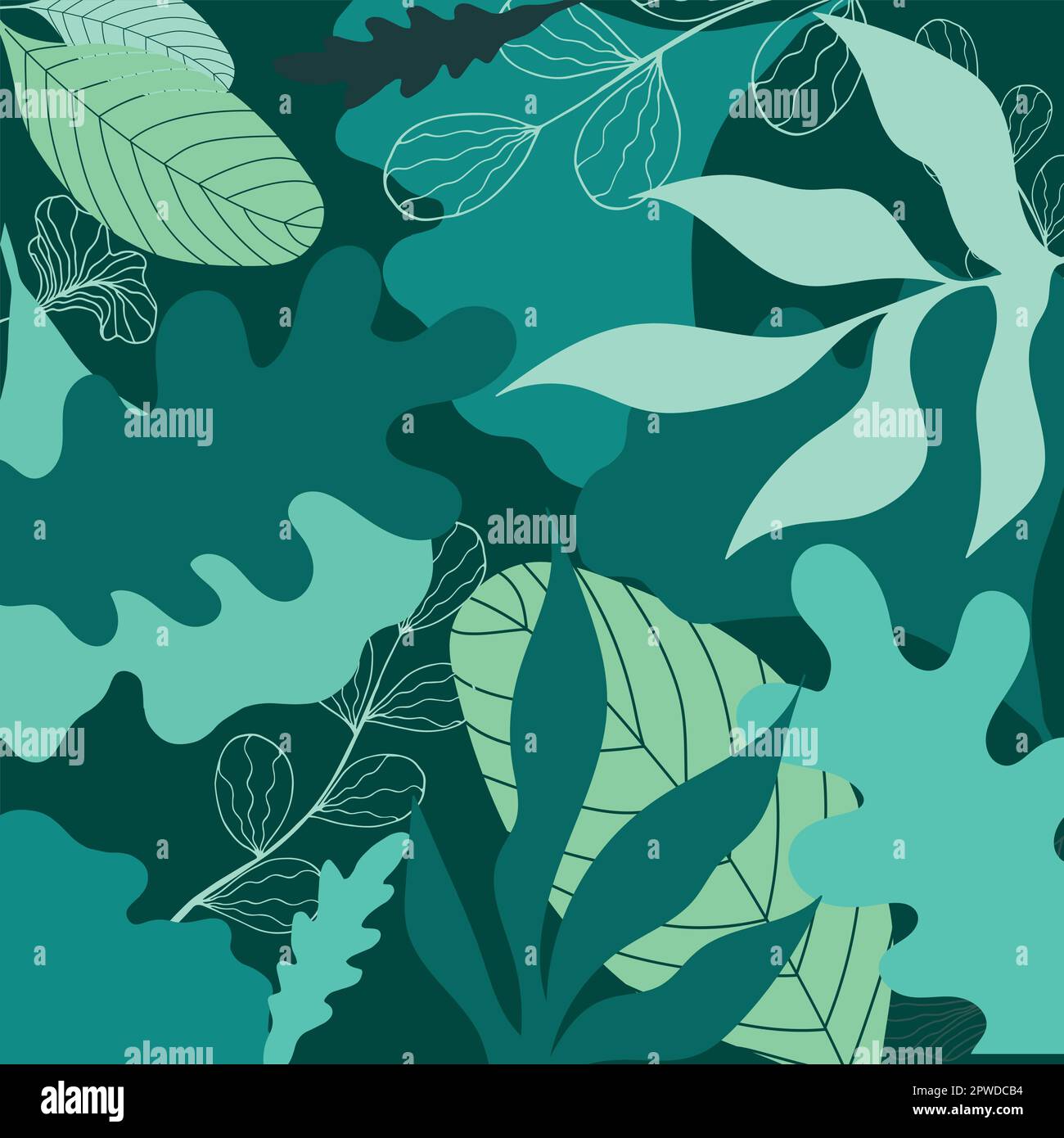 Rain forest background in blue and green colors. Hand drawn tropical