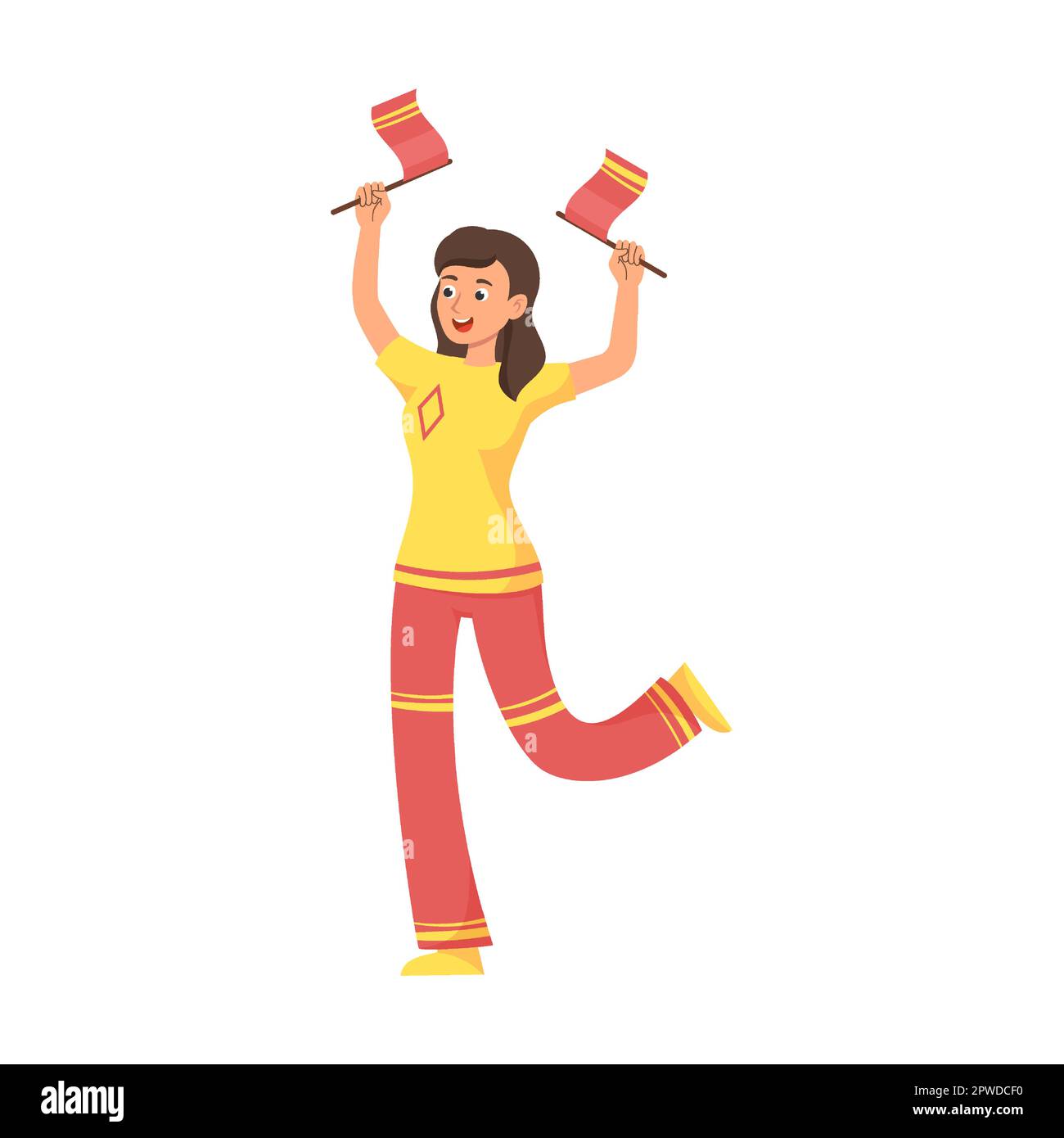 Football or soccer girl with flags of national team at competition, flat vector illustration. Team of happy crowd of people Stock Vector