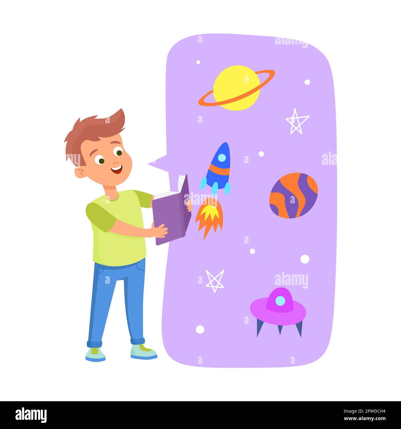 boy reading book about space travel. Vector illustration of cute girl and boy with magic dreams. Cartoon amazed children isolated on white Stock Vector