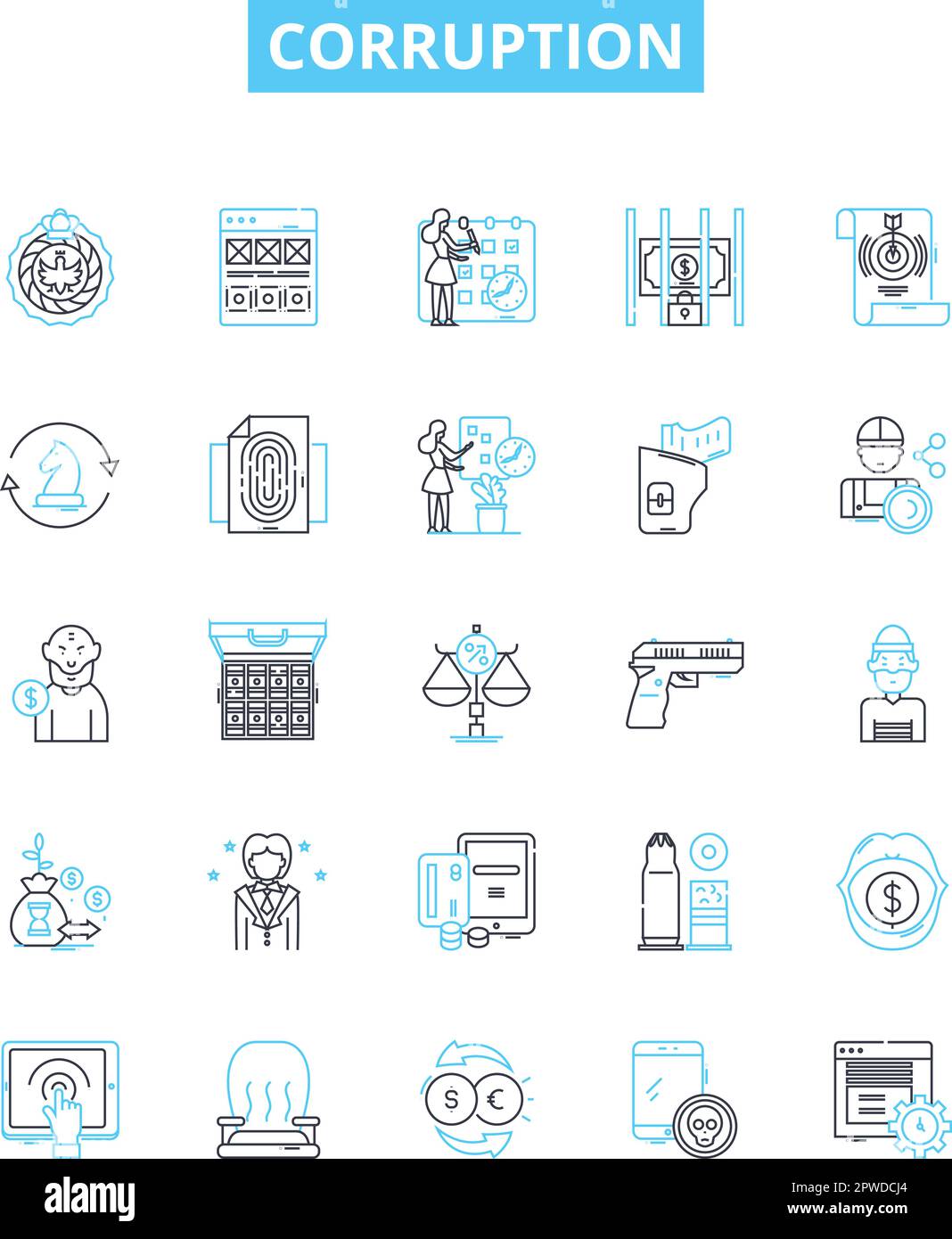 Corruption vector line icons set. Corrupt, Bribery, Misappropriation, Fraud, Graft, Misuse, Misrule illustration outline concept symbols and signs Stock Vector