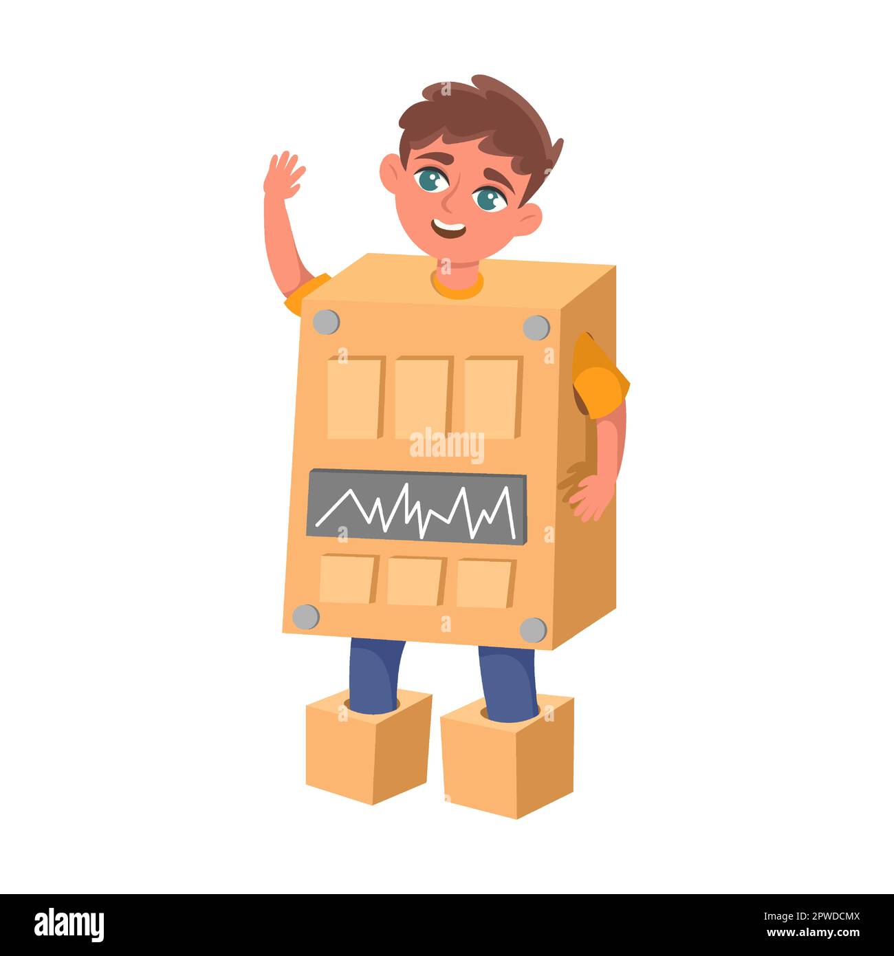 Kid with costume iron robot from cardboard boxe vector illustration. Creative cartoon child in cardboard boat isolated on white background Stock Vector