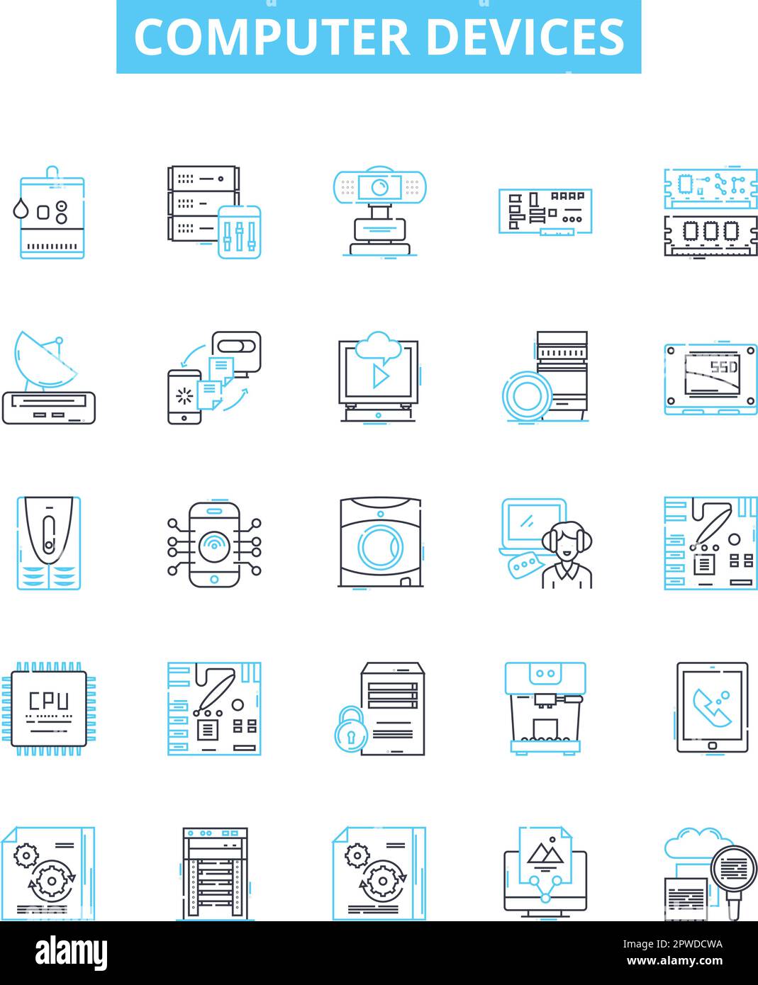 Computer devices vector line icons set. Laptop, Desktop, Monitor