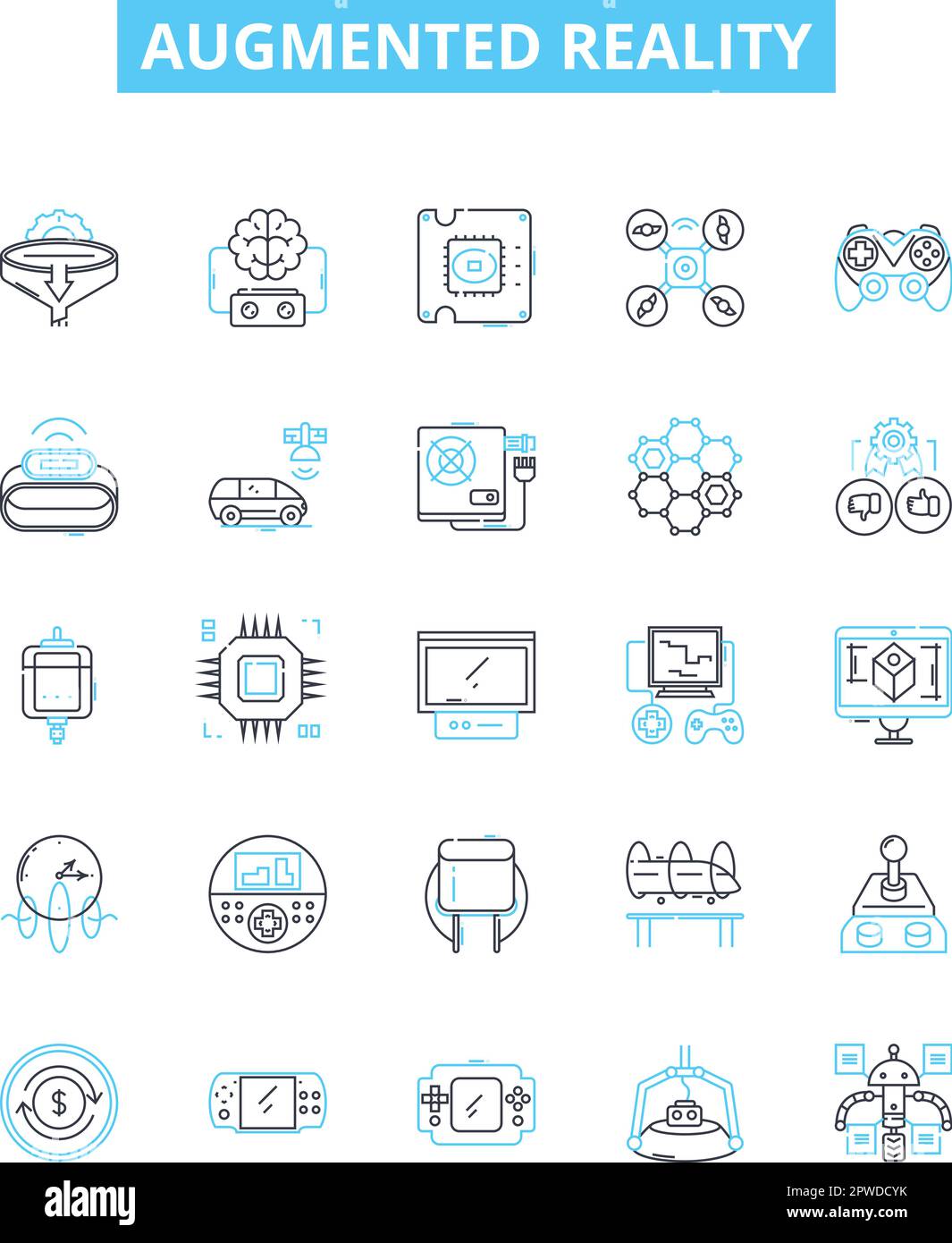 Augmented reality vector line icons set. Augmented, Reality, AR, 3D, Mixed, Virtual, Interactive illustration outline concept symbols and signs Stock Vector