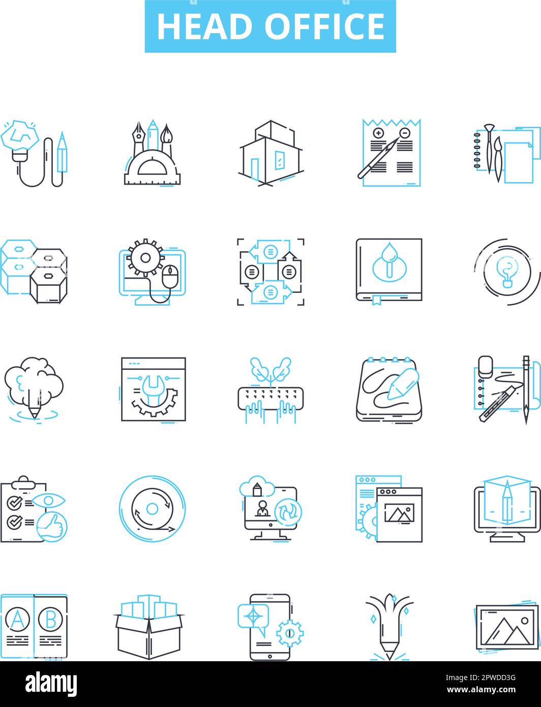 Head office vector line icons set. Headquarters, Main, Central, Base