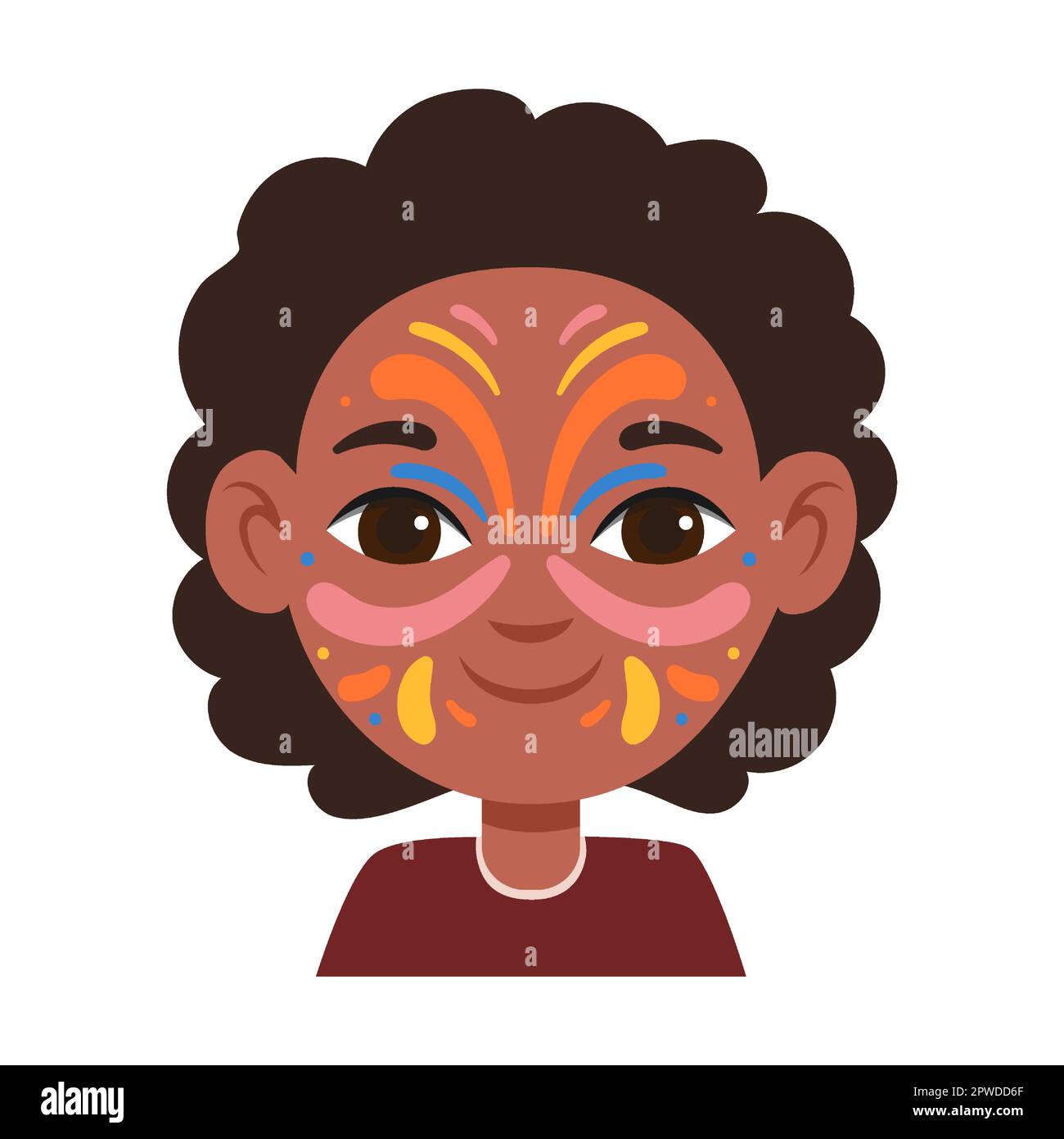 Portrait of kid with face masked african war amazon, makeup vector illustration. Children with creative face painting or mask, animals and heroes Stock Vector