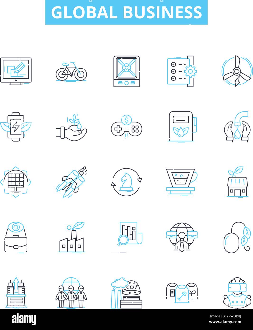 Global business vector line icons set. Global, business, international, economy, marketing, trade, commerce illustration outline concept symbols and Stock Vector