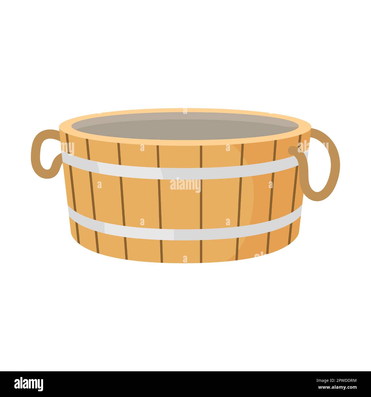 wooden basin with handles for saunas and baths, barrel and bucket with convenient spout for draining water. Vector illustration of cute colorful Stock Vector
