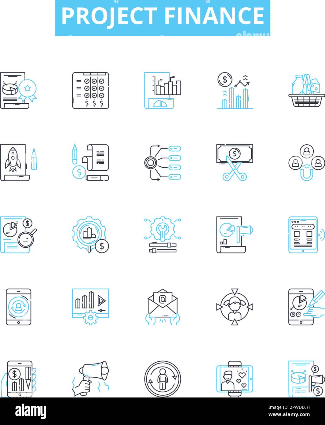 Project finance vector line icons set. Project, finance, financing, investment, debt, equity, cashflow illustration outline concept symbols and signs Stock Vector