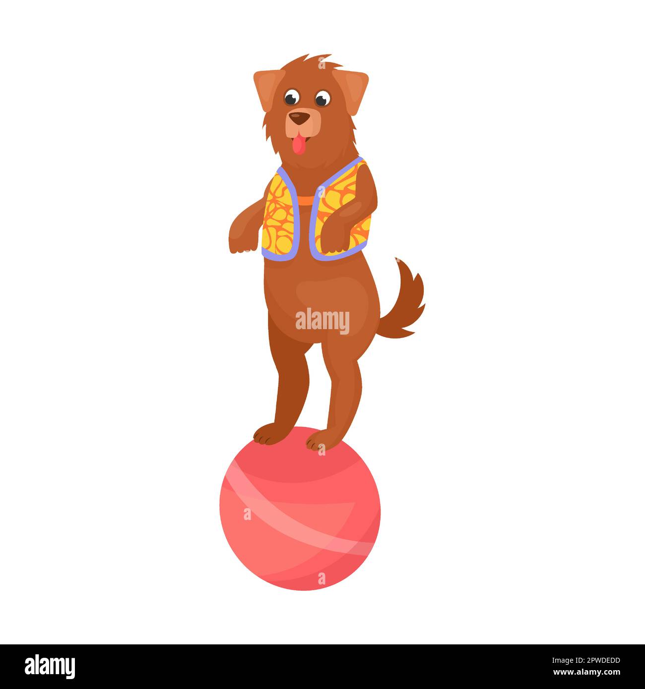 Funny dog riding ball on circus show. Vector illustration of carnival
