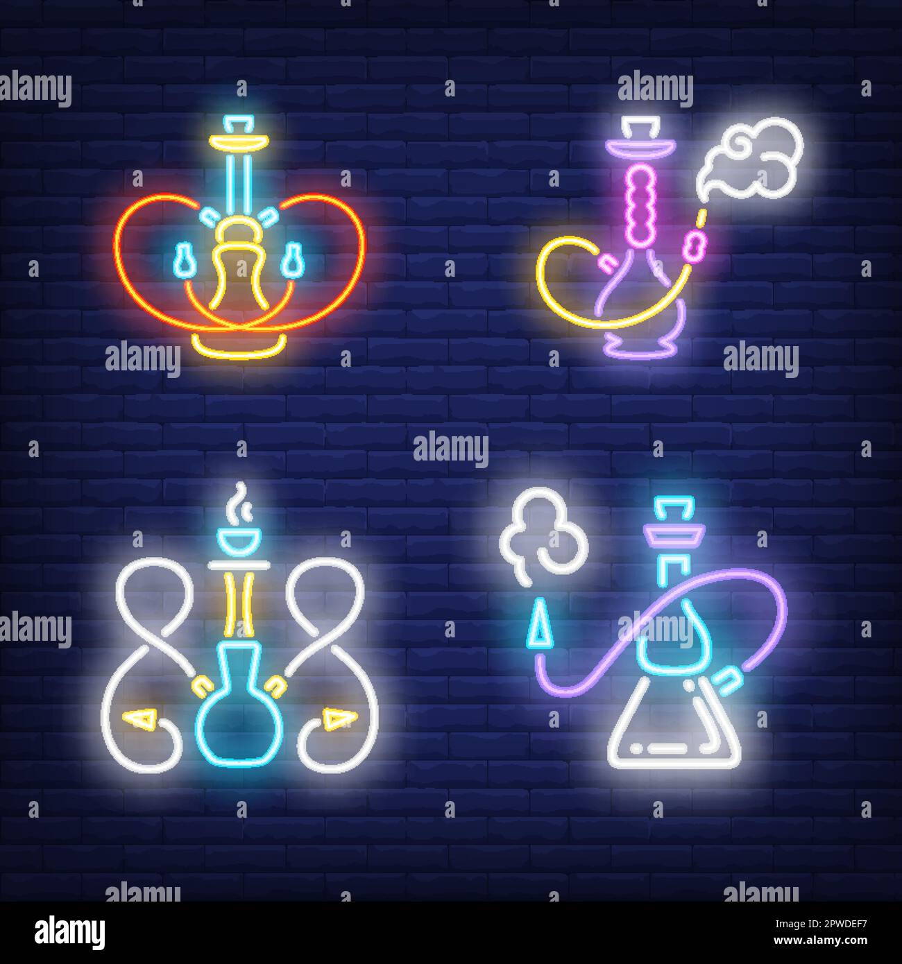 Hookahs with smoking hoses neon signs set Stock Vector
