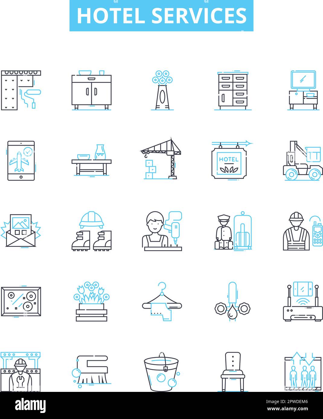 Hotel services vector line icons set. Accommodation, Amenities, Restaurants, Catering, Spa, Pool, Swimming illustration outline concept symbols and Stock Vector