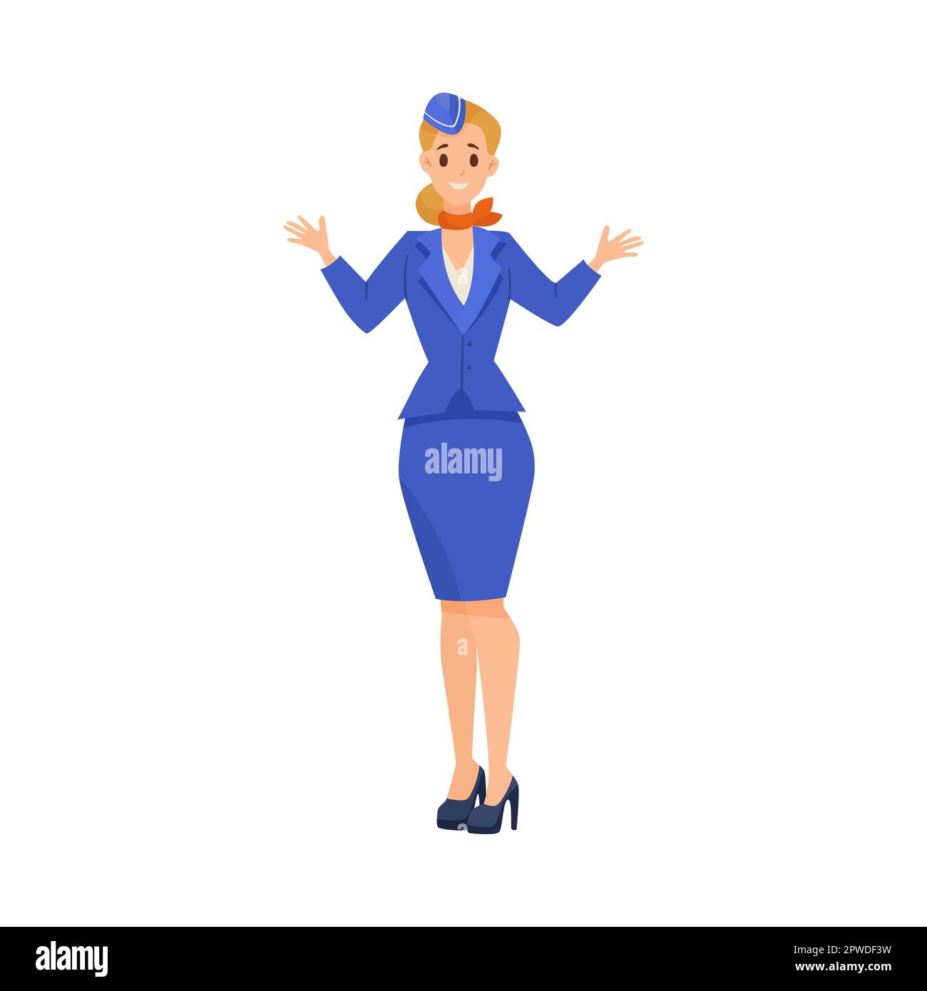 Stewardess giving safety instructions cartoon illustration Stock Vector