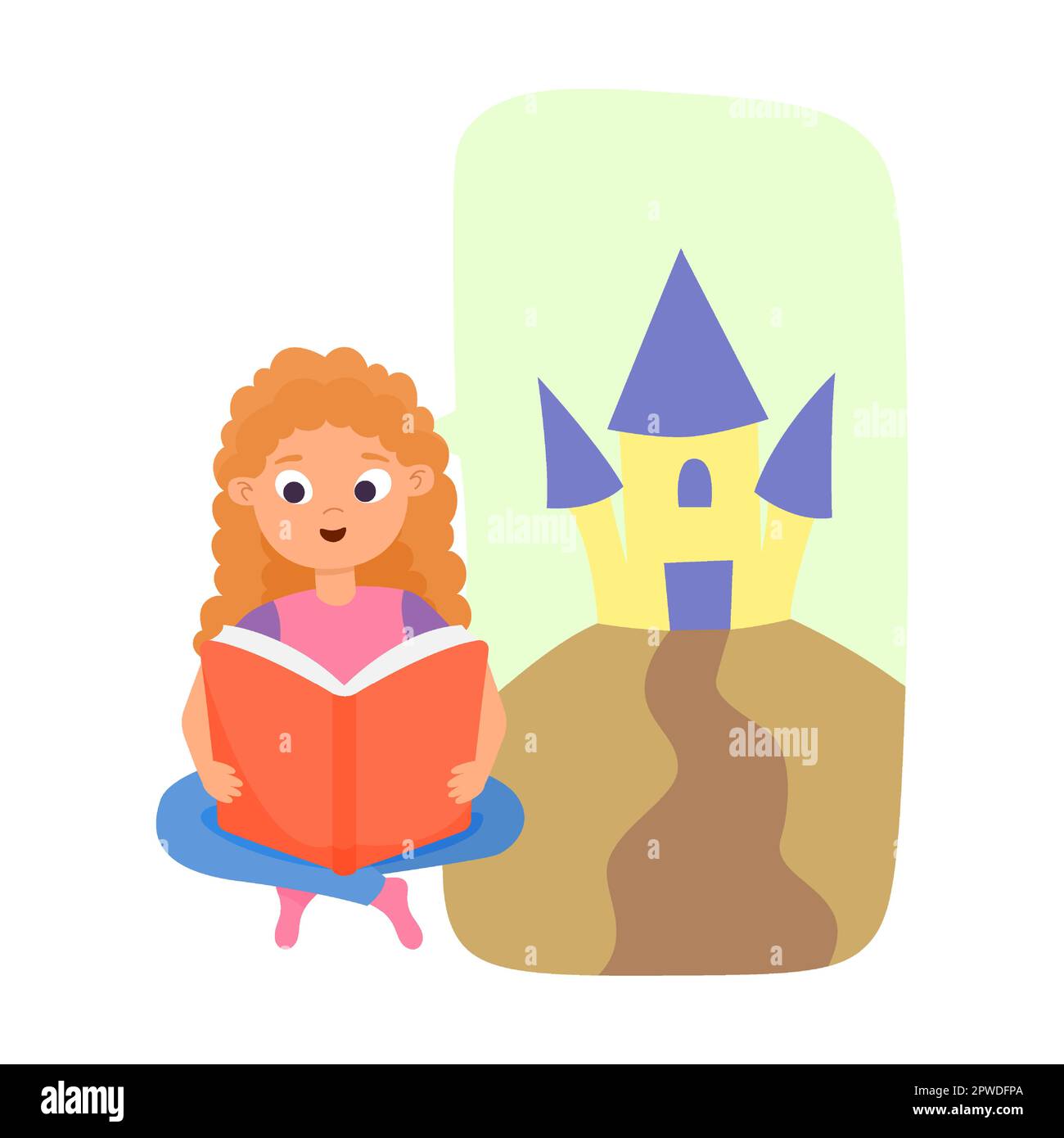 girl reading book about knights and castles. Vector illustration of cute girl and boy with magic dreams. Cartoon amazed children isolated on white Stock Vector