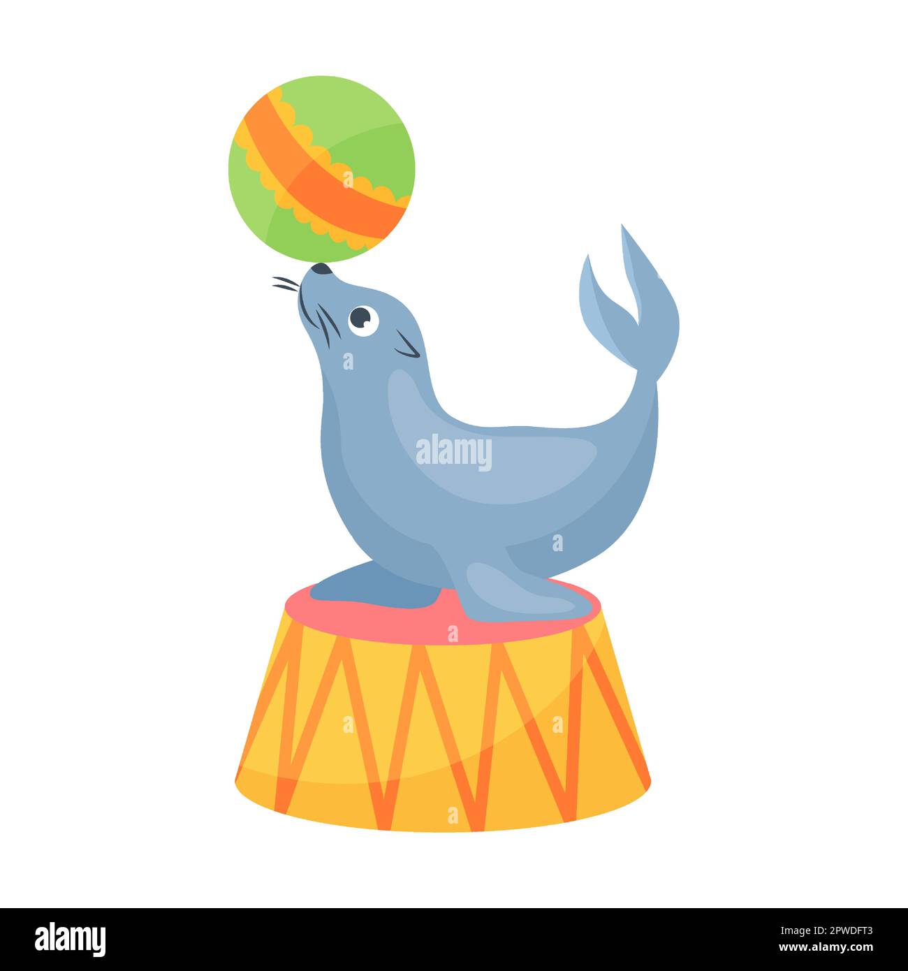 Funny fur seal with ball on his nose on circus show. Vector