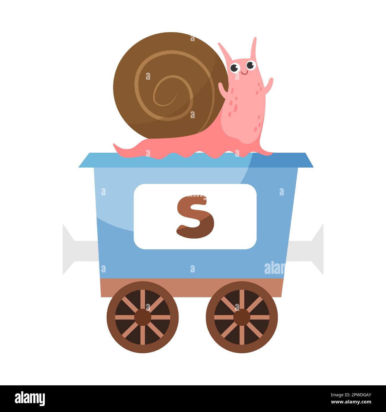 letter S, snail. Cute animal in colorful alphabet train. Vector illustration of learning toy for preschool children. Cartoon animals sitting in Stock Vector
