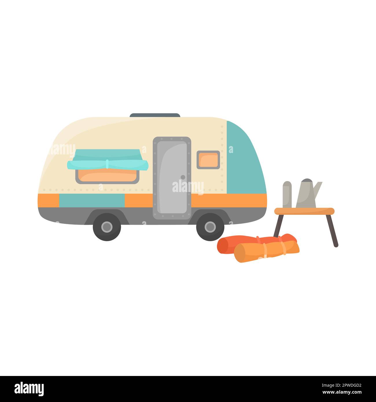 RV or house trailer with sleeping bags cartoon illustration Stock