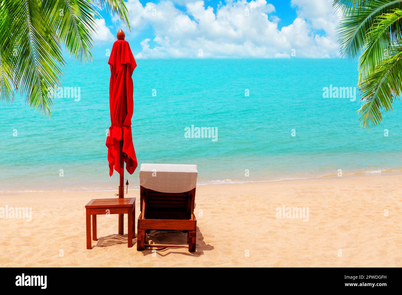 Red umbrella, empty deck chair, solar parasol, sun lounger, wooden