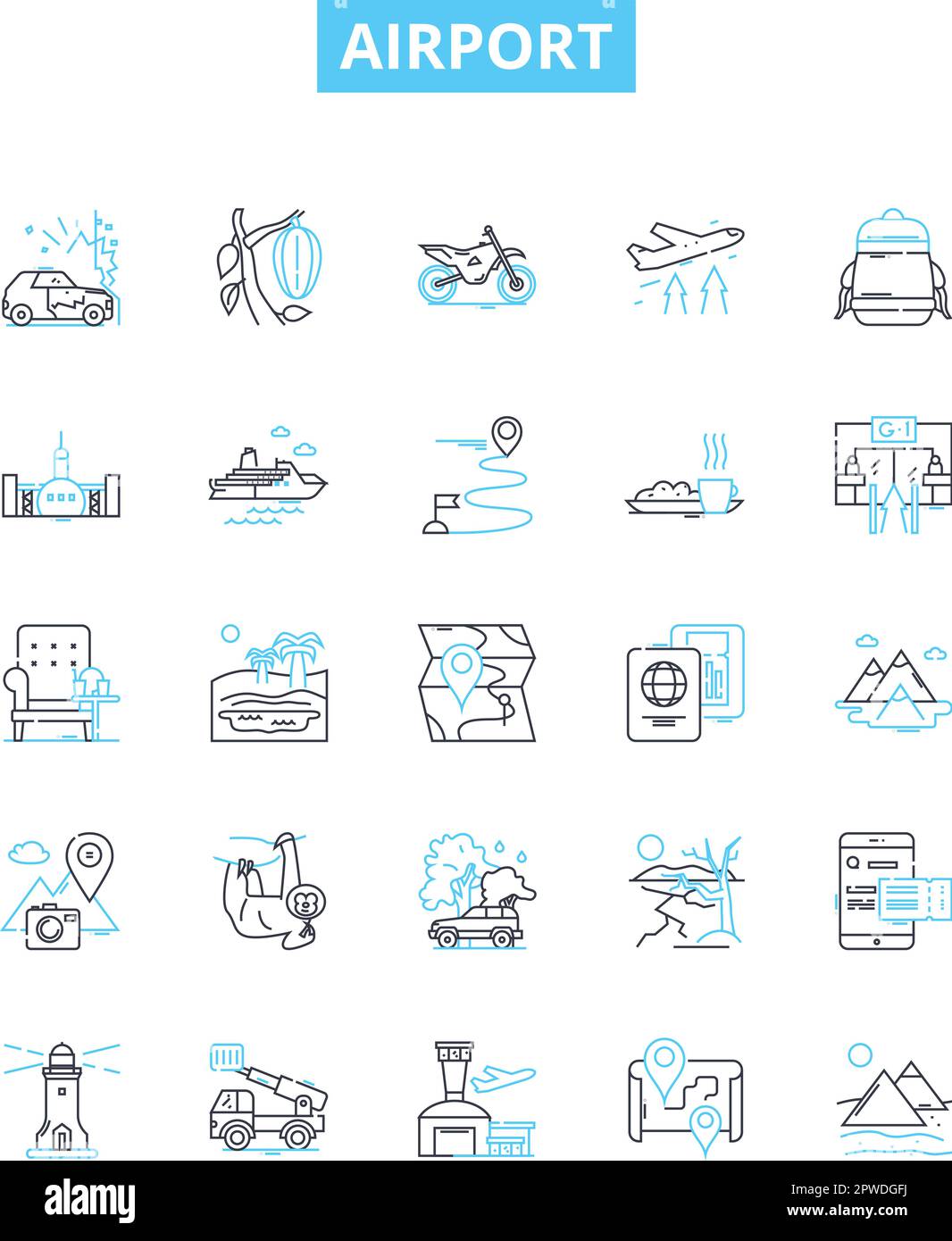 Airport vector line icons set. Airport, Terminal, Check-in, Terminal-, TSA, Runway, Arrival illustration outline concept symbols and signs Stock Vector