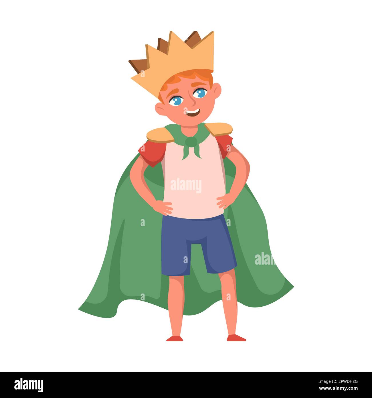 Kid with costume merry king from cardboard boxe vector illustration. Creative cartoon child in cardboard boat isolated on white background Stock Vector
