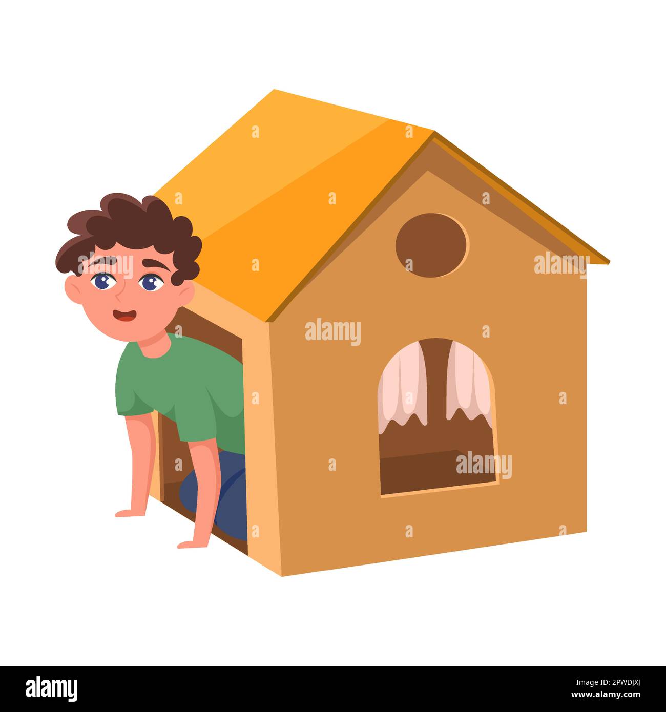 Kid with costume country house from cardboard boxe vector illustration. Creative cartoon child in cardboard boat isolated on white background Stock Vector