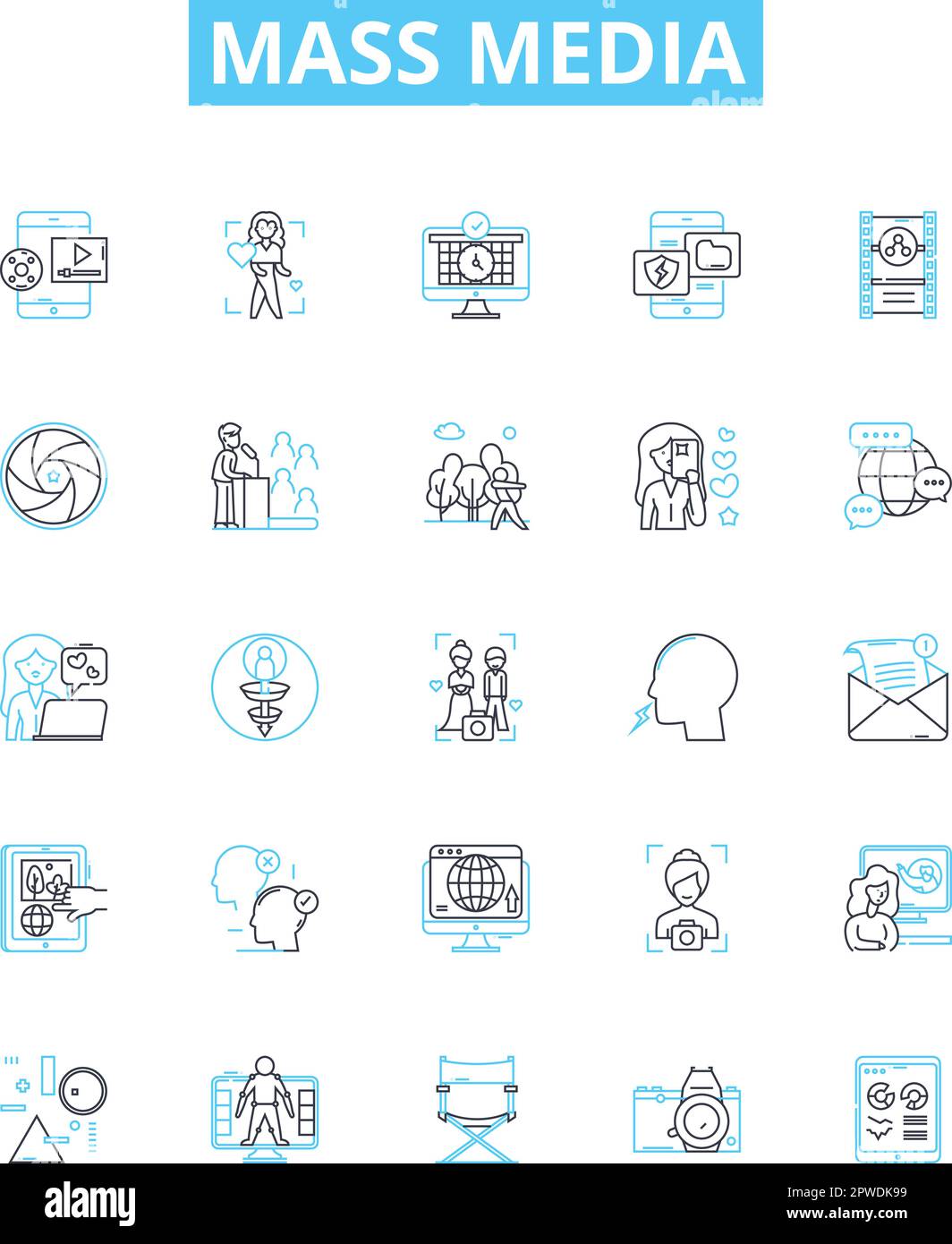 Mass media vector line icons set. Broadcasting, Newspapers, Magazine ...