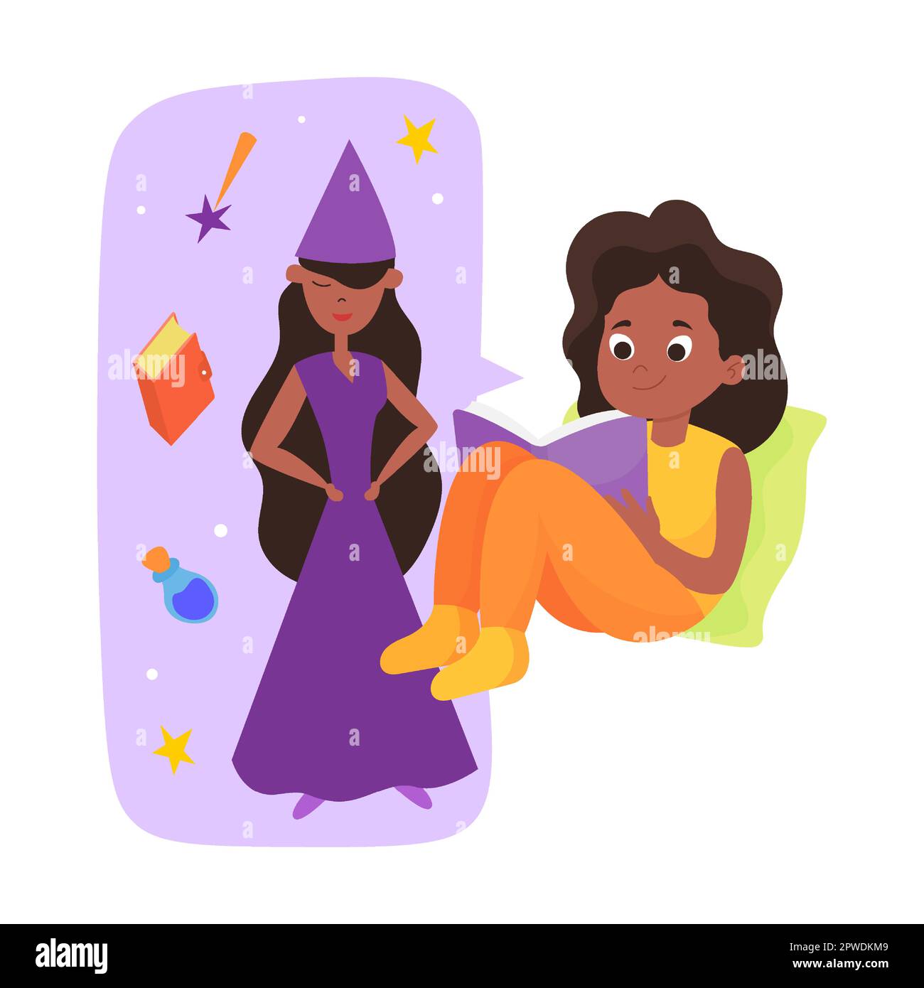 child reads a book about fairy fairies and sorceresses. Vector illustration of cute girl and boy with magic dreams. Cartoon amazed children isolated Stock Vector