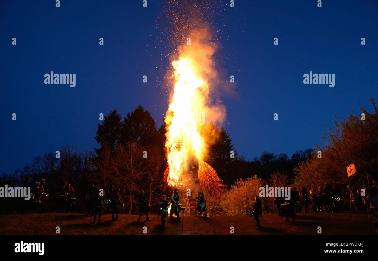 Deltic Fire Members of the Pentacle Drummers perform in front of a burning wicker ...